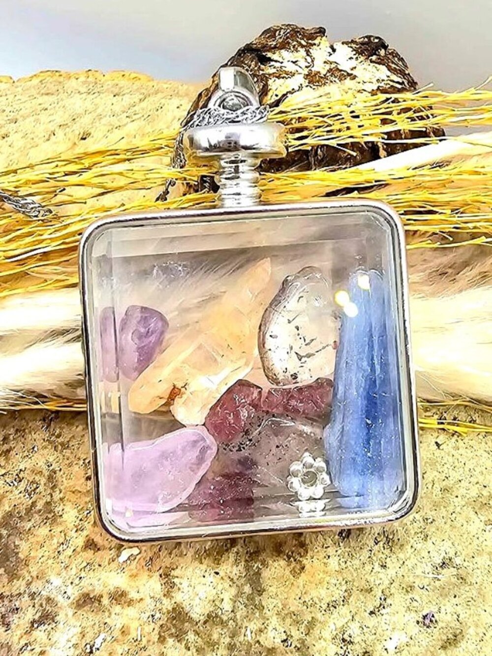 Nature Mixed Crystal Stones Square Floating Pendant Necklace